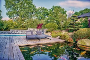 Bassin a koi avec terrasse et transat