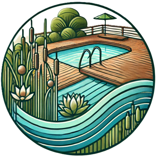 Logo PisciNaturelle dessins d'une piscine entourée d'une terrasse en bois décorée par des plantes